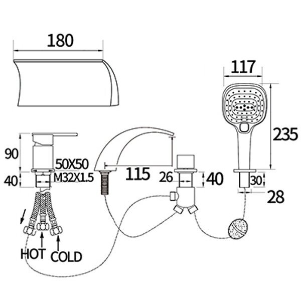 Чертеж Смеситель на борт ванны каскадный FBB-89 - 1