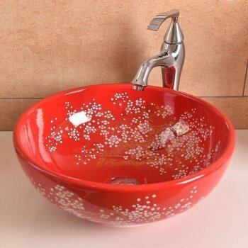 Раковина накладная AD-2051, красная с рисунком